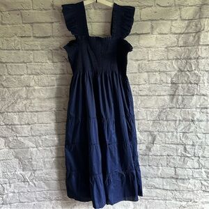 Hill House Navy Blue Ruffle Strap Midi Dress